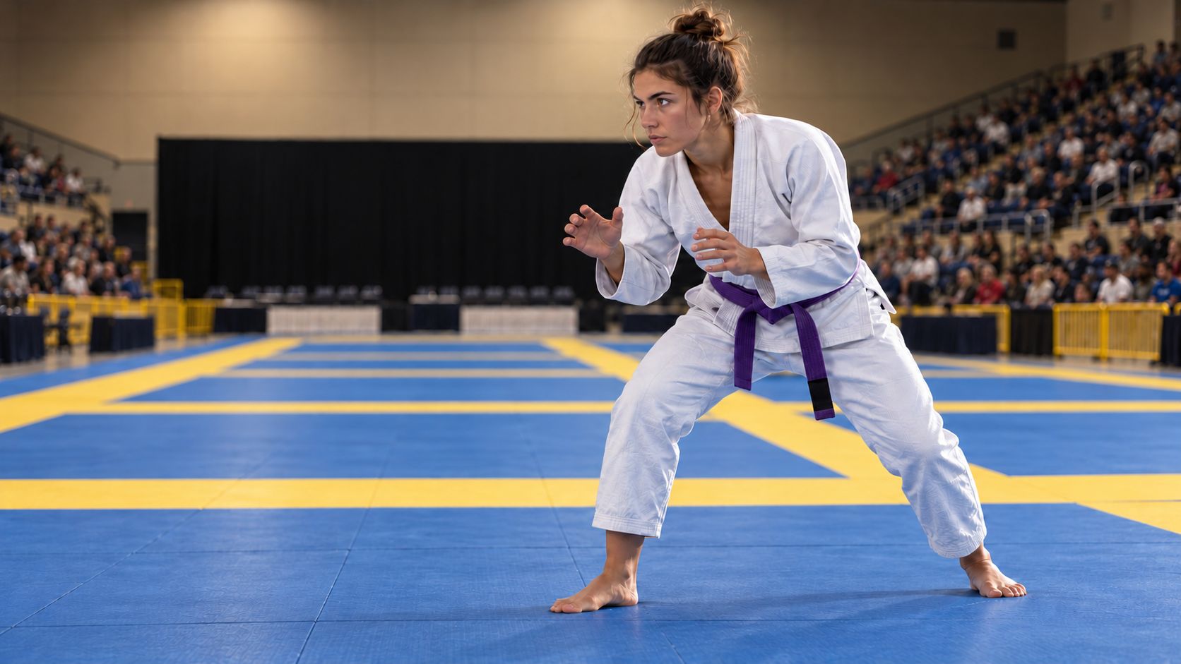 Atleta de jiu-jitsu en guardia sobre el tatami